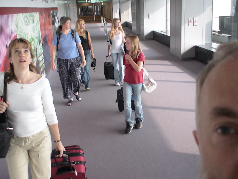 Walking an airport hallway