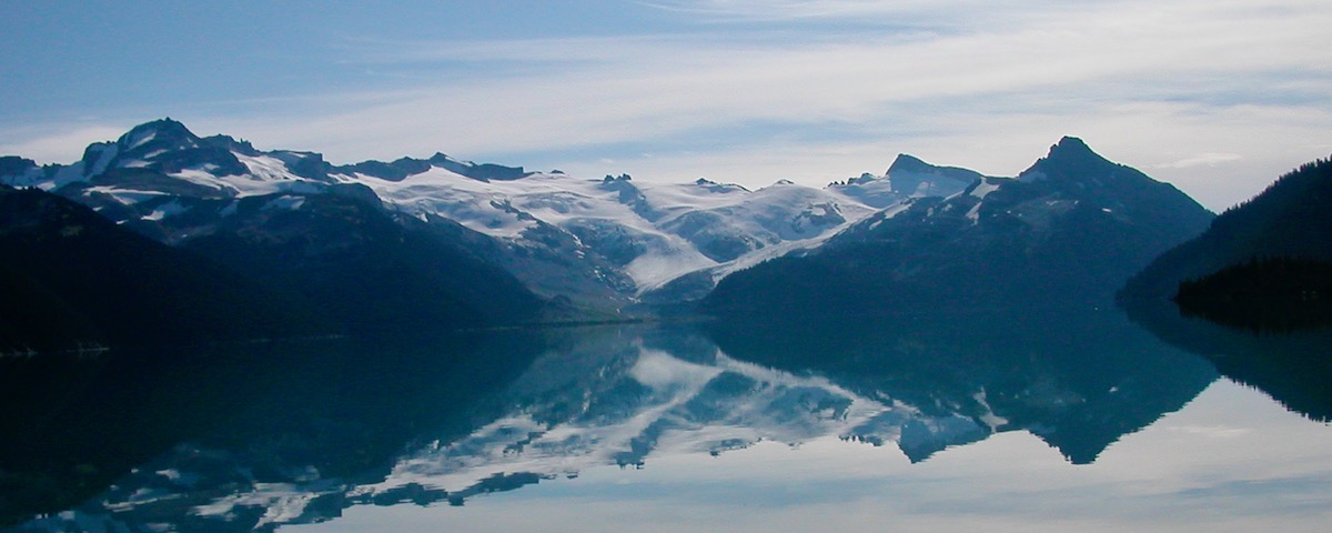 Lake reflecting snow-covered mountains