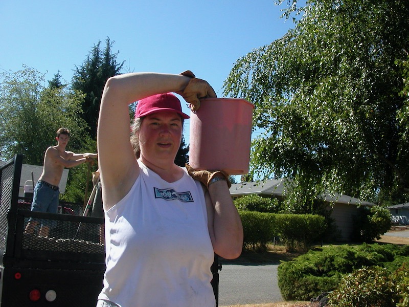 Melanie and bucket of rocks