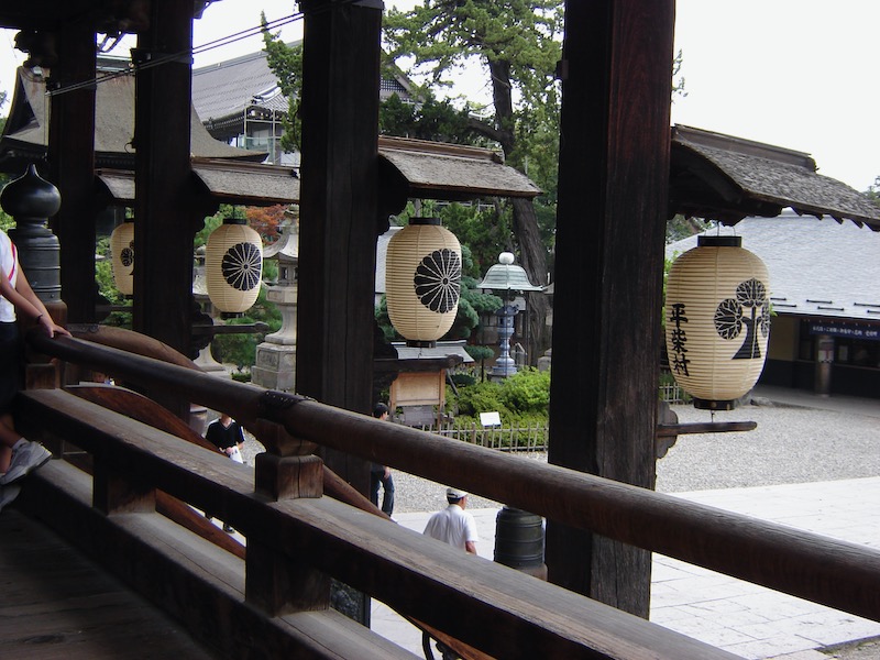 paper lanterns lining a temple walkway