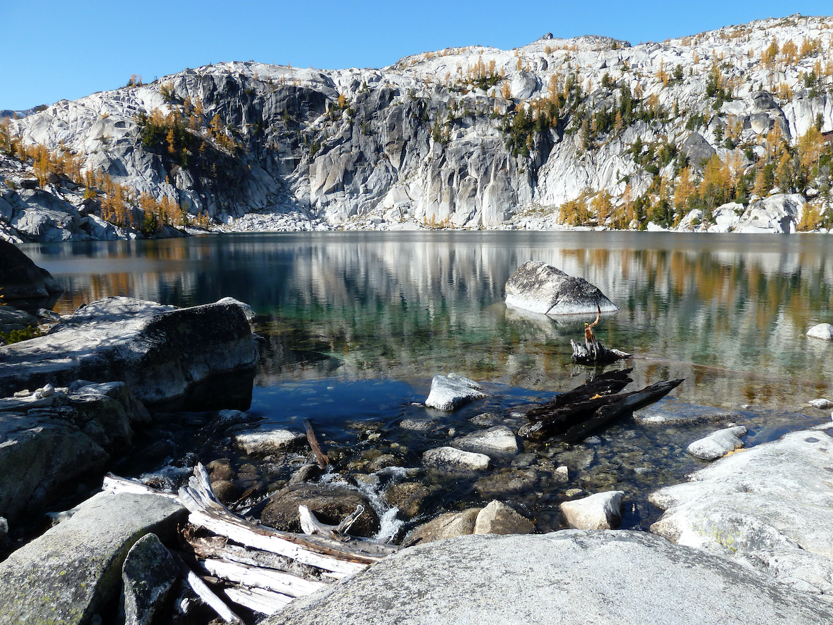 wood piled up at lake outlet