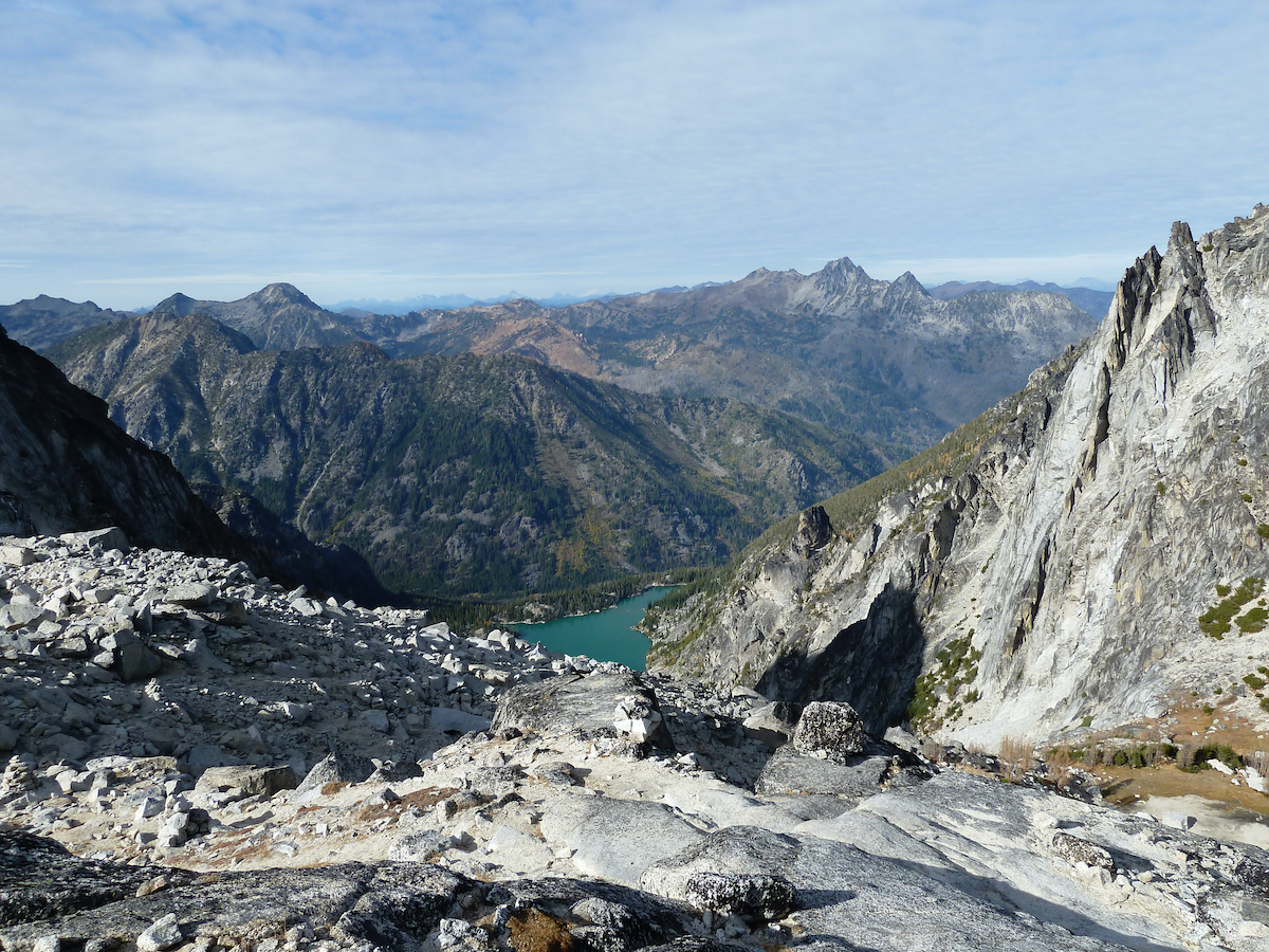 a view back on Colchuck Lake from the top of Aasgard Pass