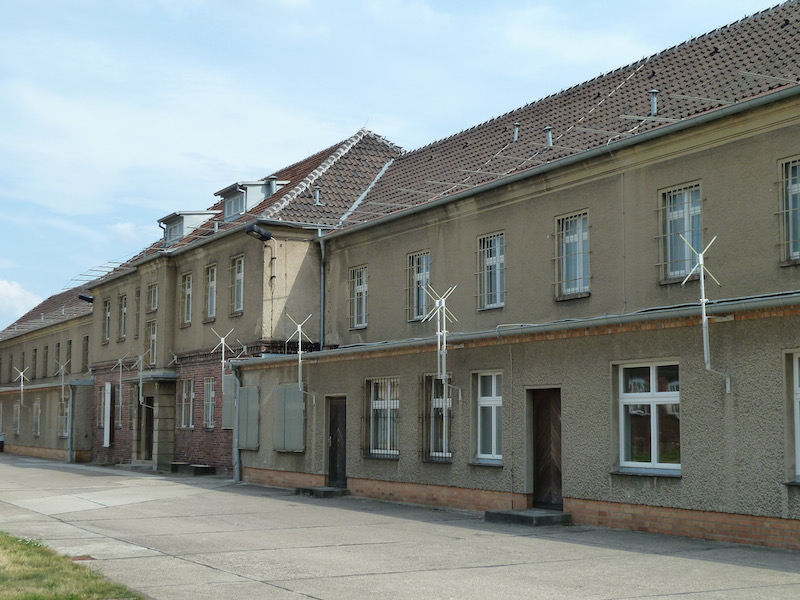 Building with mountings that held barbed wire