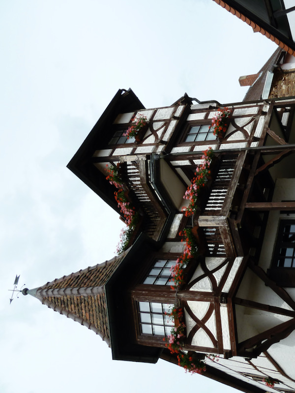 Tall traditional house with flowers on hill