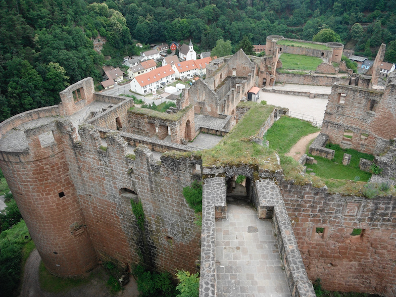 Looking on high stone castle from tower