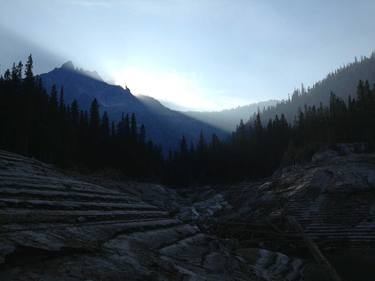 looking up to the Enchantments hill through smoky air