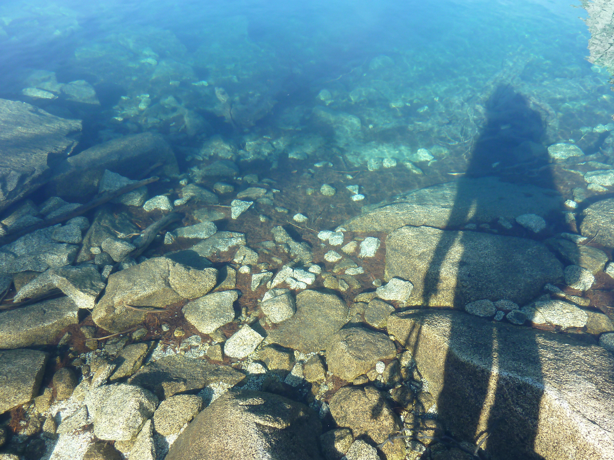 looking into lake water with hiker shaddow