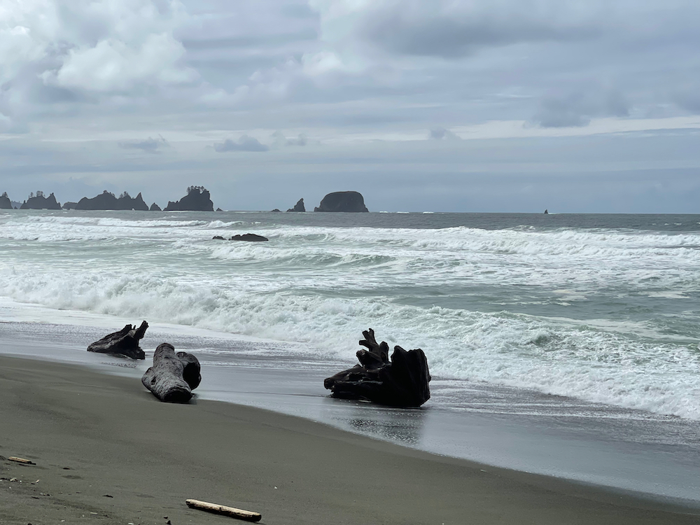 sloping beach with surf and rocks in distance