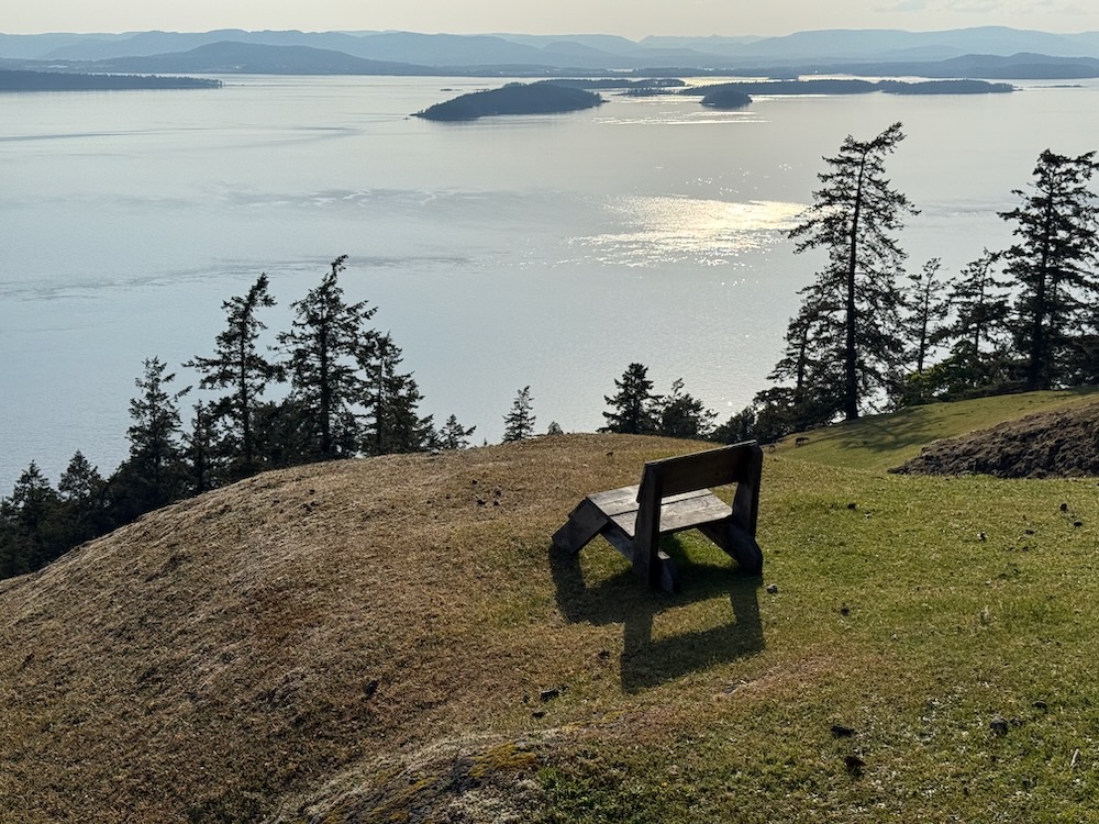 chair on grassy slope looking over water and islands