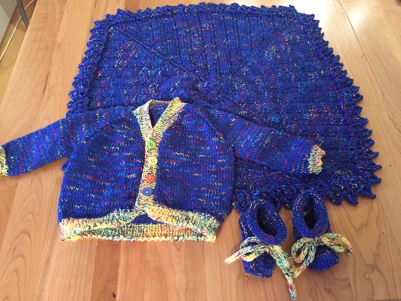 Blue baby sweater, blanket and booties